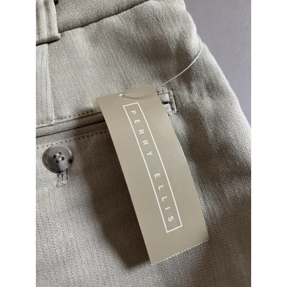 New Perry Ellis Dress Pants Mens 32 x 34 Stone Natural Gray Pleated Cuffed